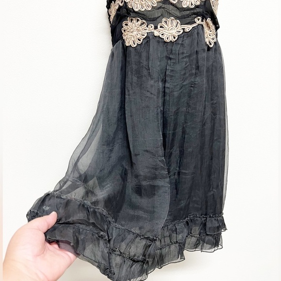 Anthropologie Zehavale Black Ruffle Floral Detail Silk Blend Mini Dress Sz 2 - Picture 5 of 9